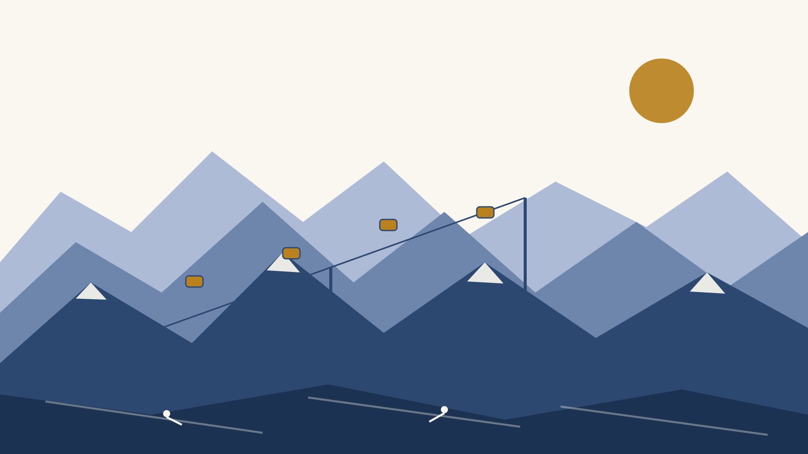 Illustrated view of snow-covered mountains with a ski gondola line and skiers on the slopes below