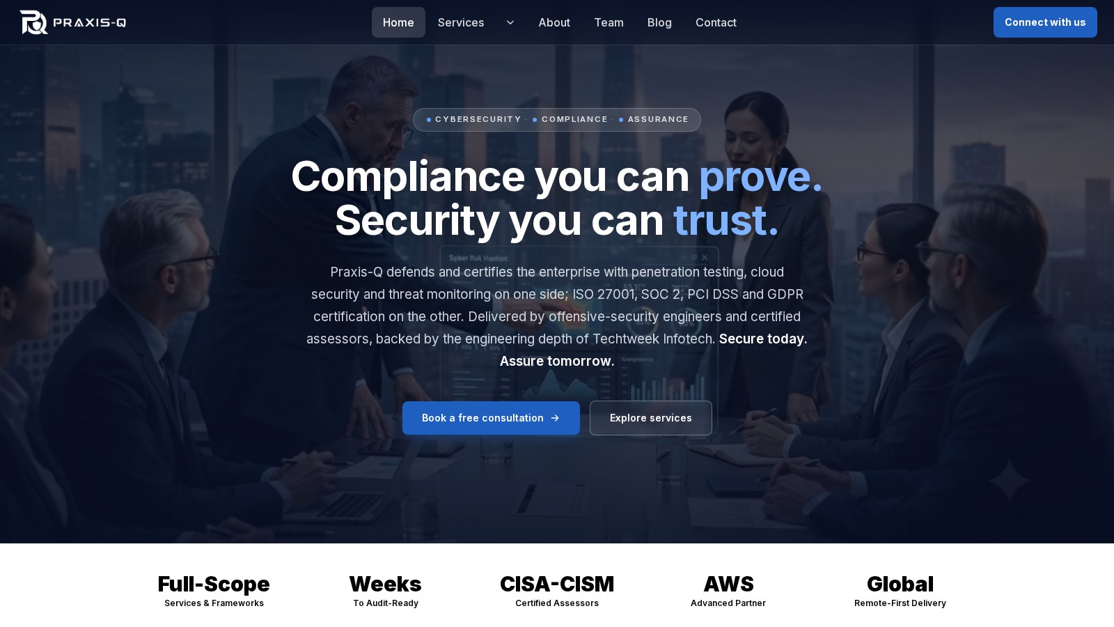 Praxis-Q homepage: Compliance you can prove, security you can trust