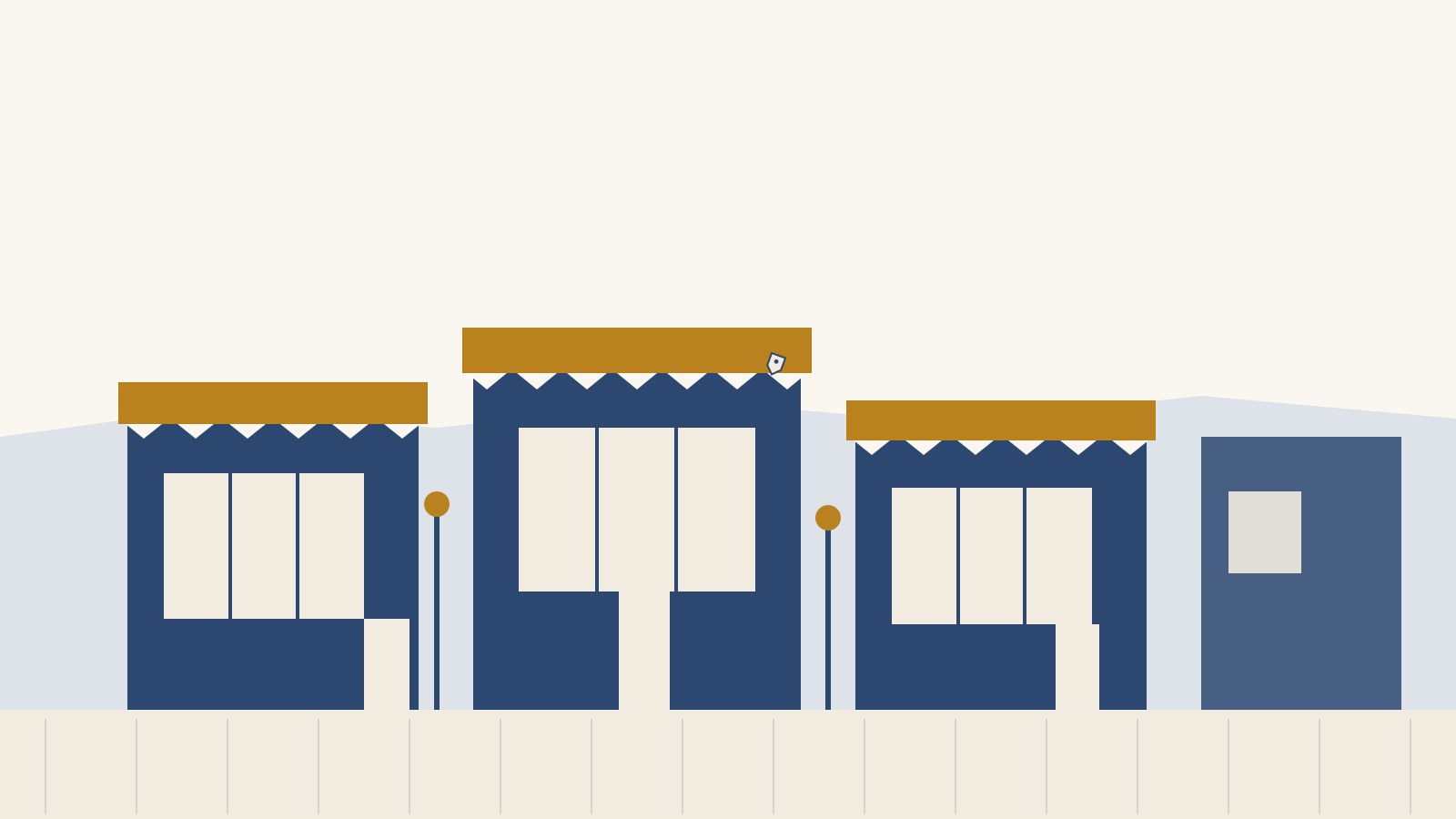 Illustrated row of small-town storefronts with awnings along a Main Street sidewalk